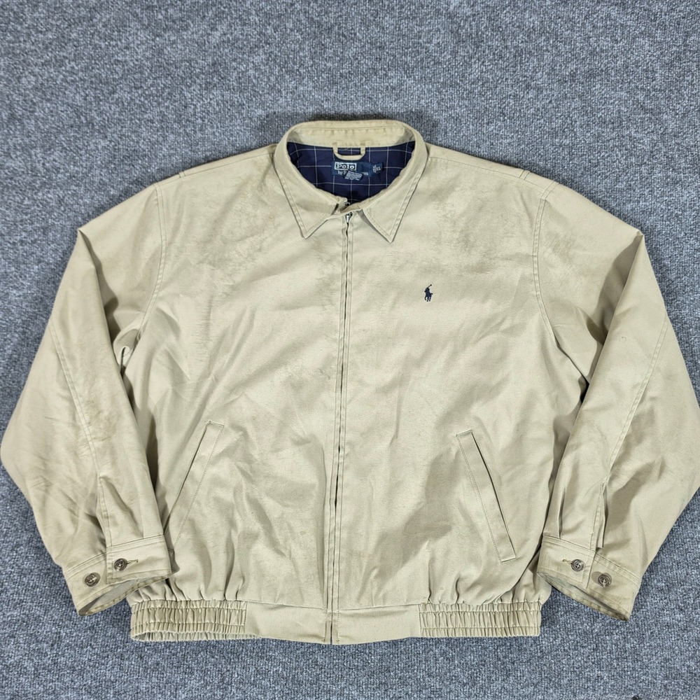 Polo Ralph Lauren Mens XL Tan Harrington Jacket Plaid Lined Full Zip STAINS